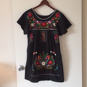 Black Oaxacan Mexican Embroidered Tunic Dress, XS